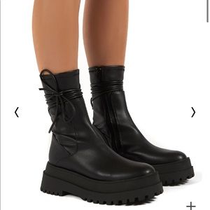Public Desire Finale Black Chunky Sole Ankle Wrap Boot